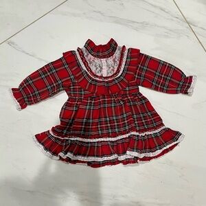 Vintage Plaid Baby Toddler Dress with Lace Trim and Ruffle Hem